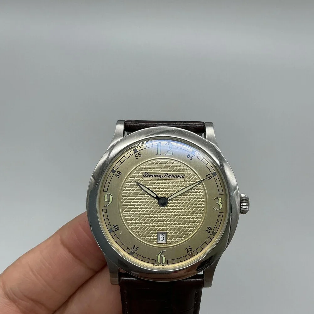 Tommy Bahama Mens Watch 40mm Gold Tone Brown Leather TB1051 Date New Battery